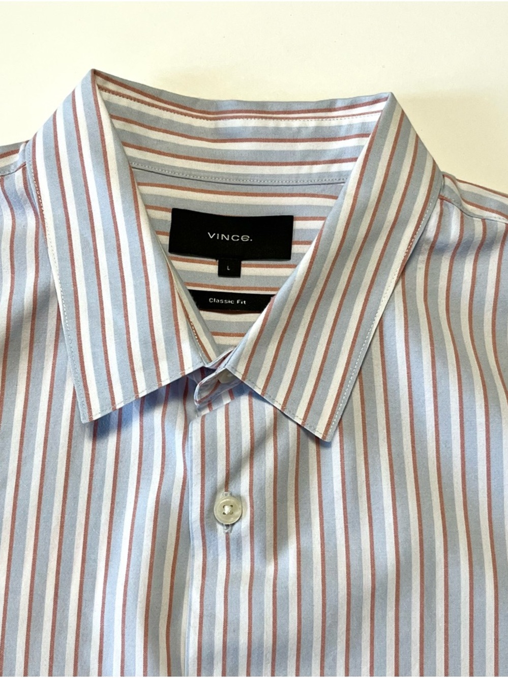💎🔥Vince Classic Fit Men's Light Blue and Rust Stripe Dress Shirt. Men’s Large